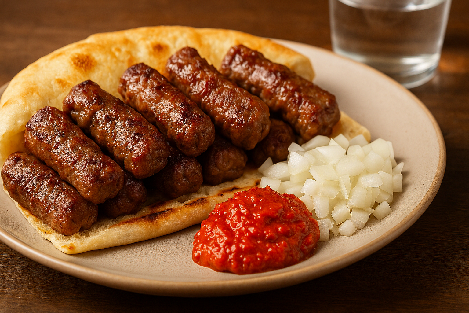Plato de ćevapi con pan lepinja, cebolla picada y ajvar, servido en plato de cerámica